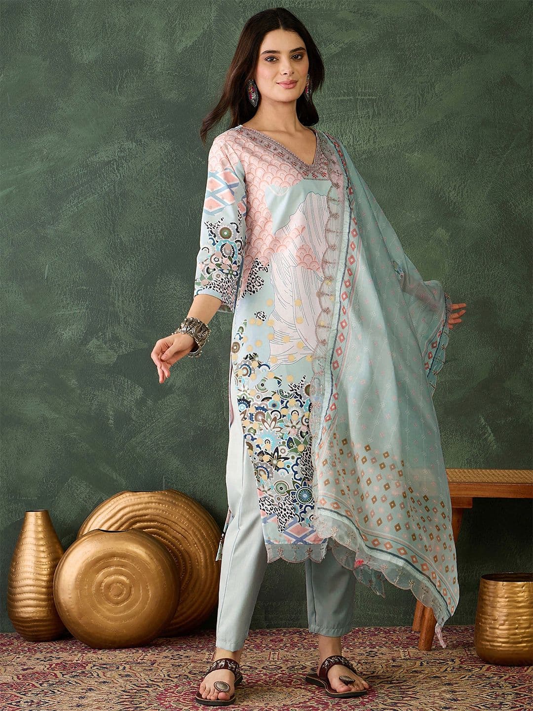 KALINI Floral Embroidered Sequinned Organza Kurta With Trousers & With Dupatta - view 1