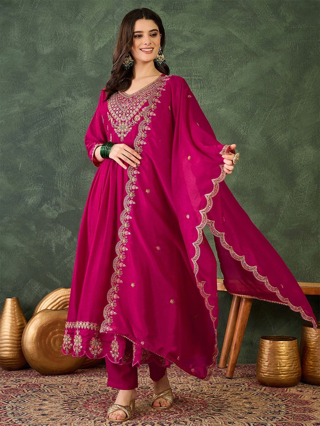 KALINI Floral Yoke Design V-Neck Zari Anarkali Kurta With Trousers And Dupatta - view 1