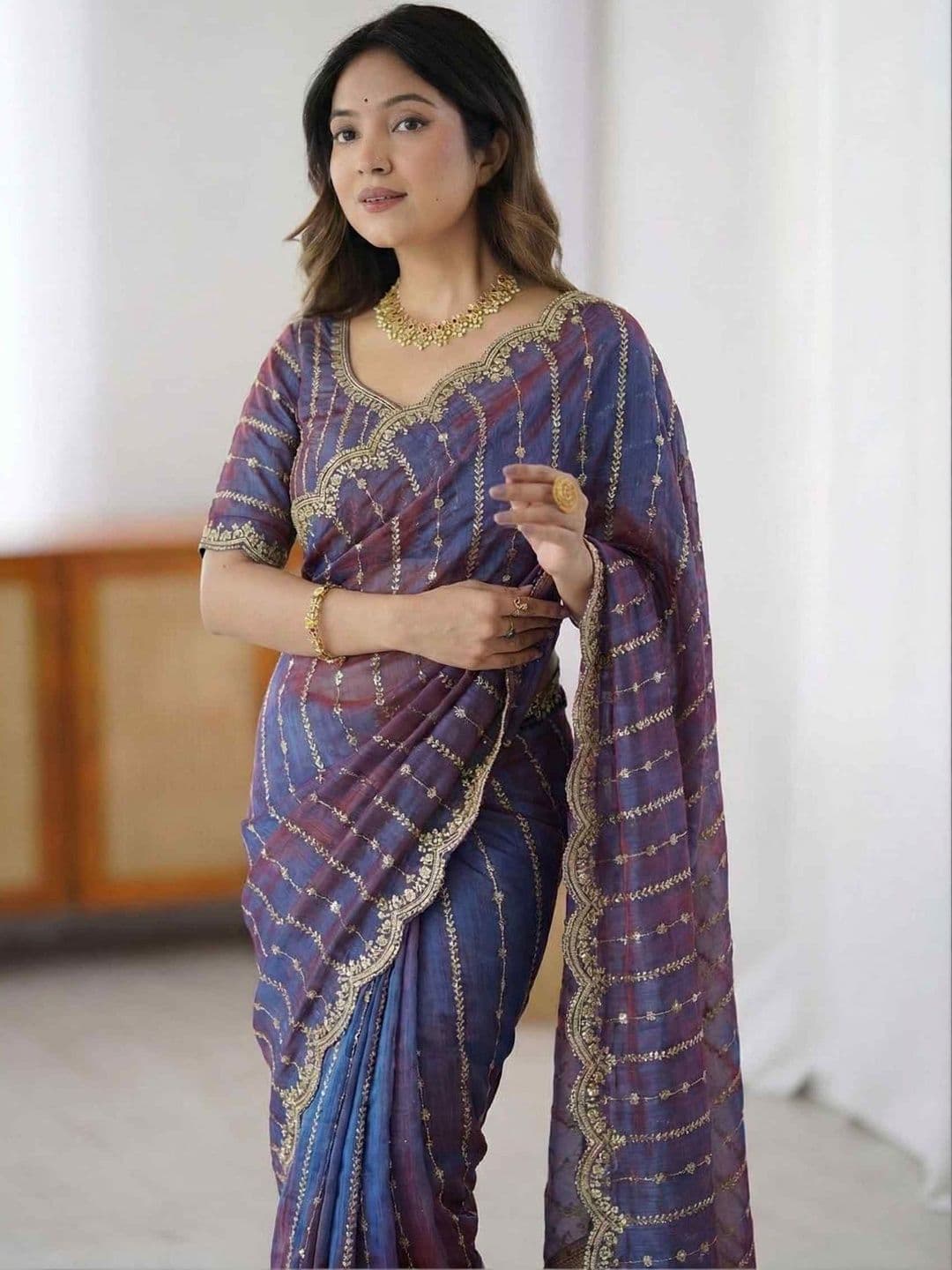 HERE&NOW Leheriya Embroidered Satin Designer Chanderi Saree - view 1