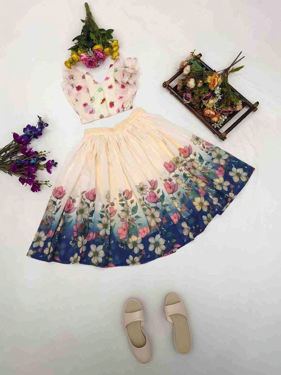 RJ ONLINE Girls Printed Kalamkari Ready to Wear Lehenga & - view 1