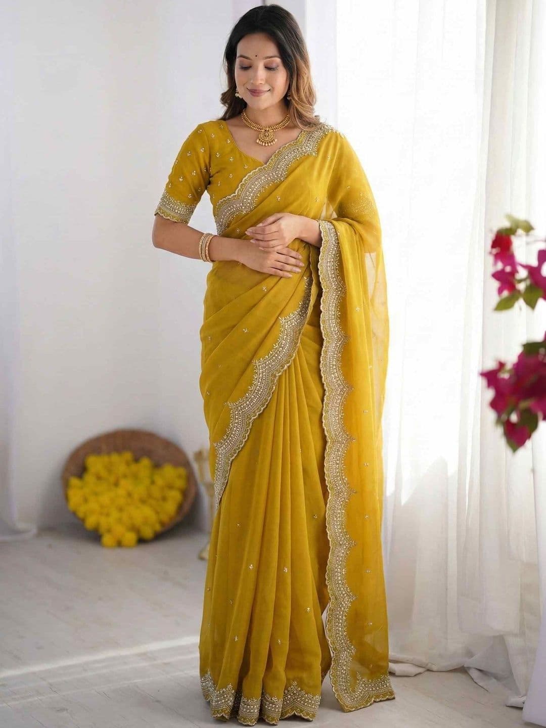 HERE&NOW Embellished Embroidered Pure Georgette Heavy Work Saree - view 1