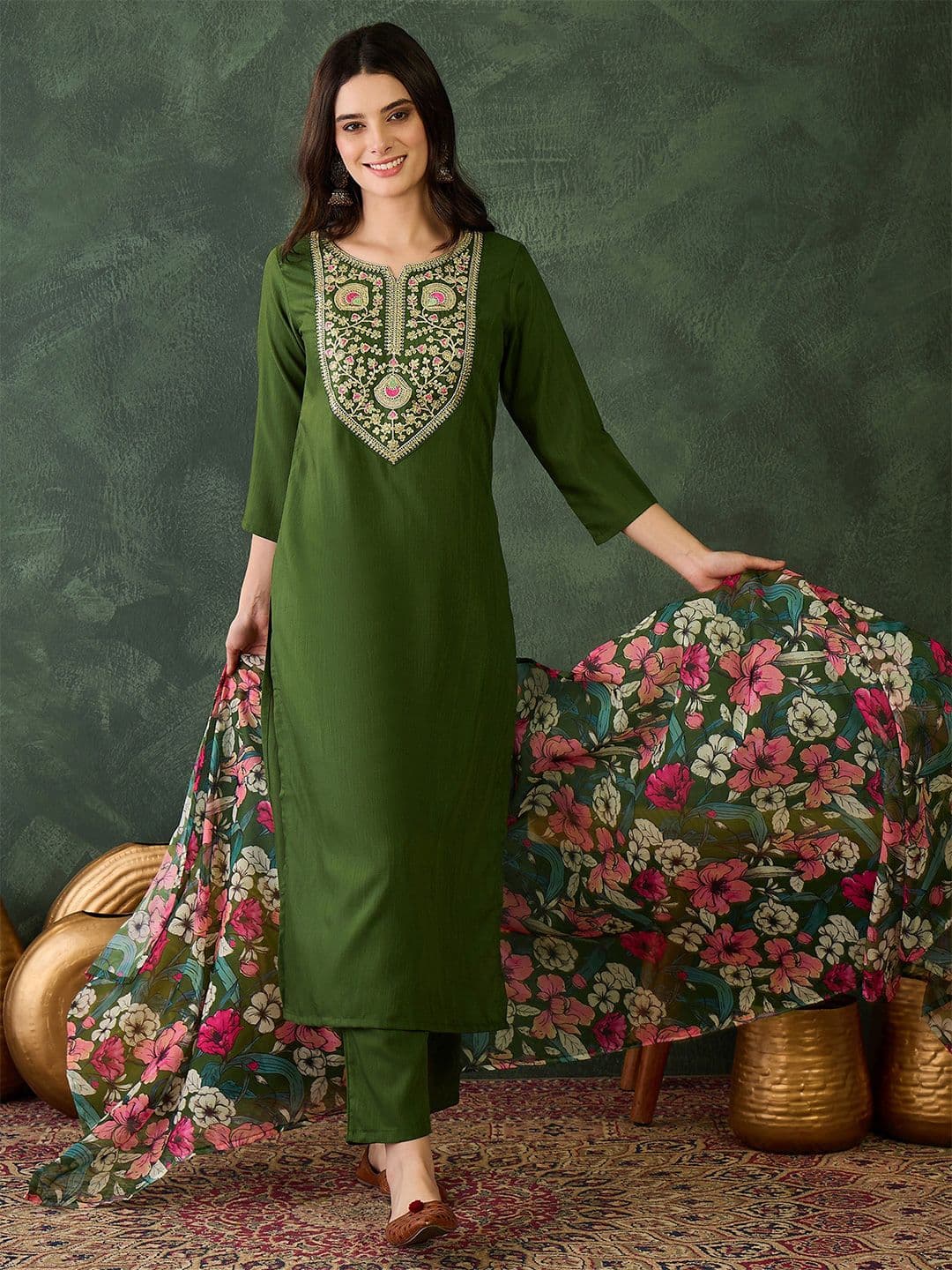 KALINI Women Floral Embroidered Regular Thread Work Kurta with Trousers & With Dupatta - view 1