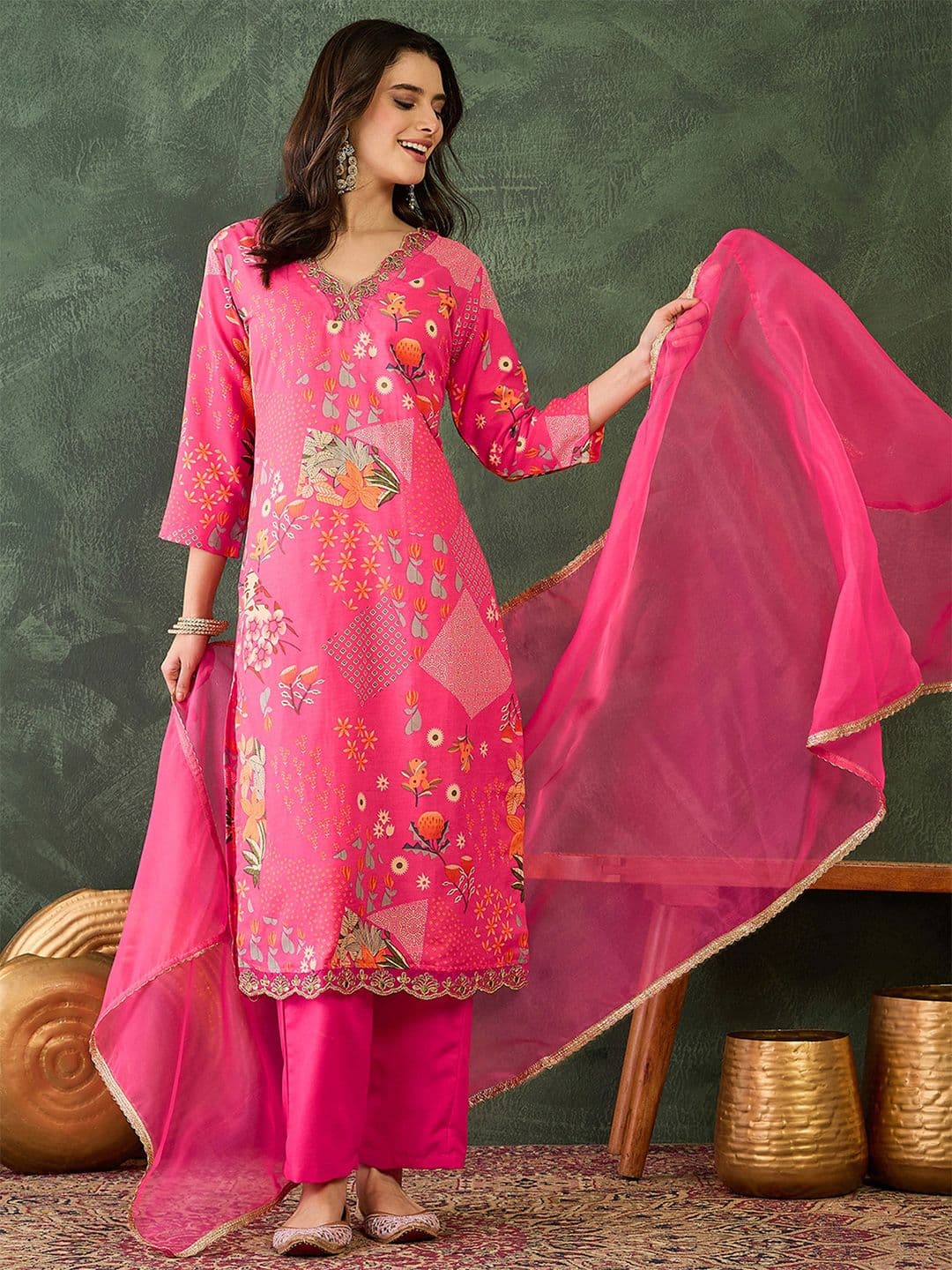KALINI Floral Printed Thread Work Straight Kurta With Trousers & Dupatta - view 1