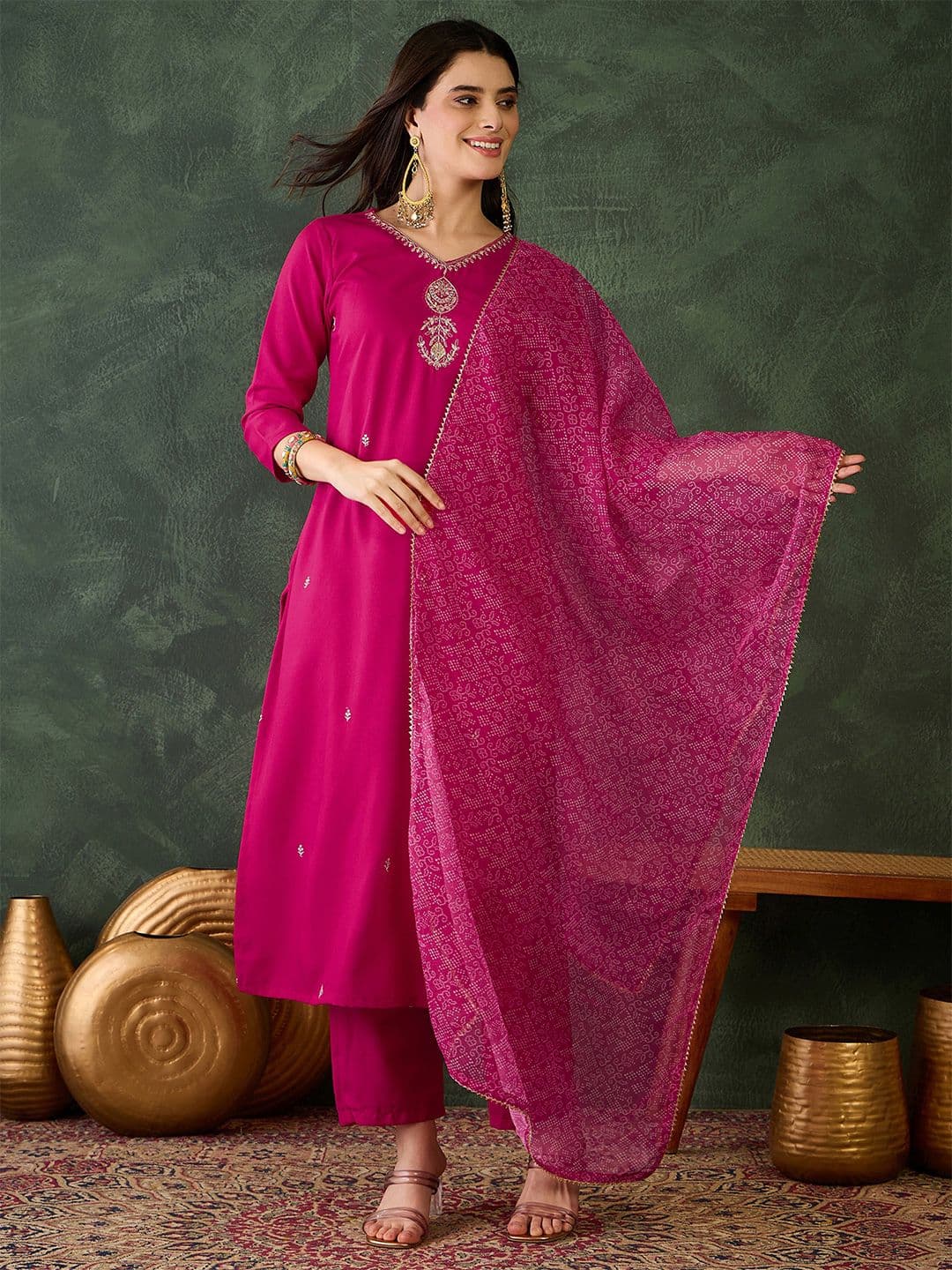 KALINI Zari V-Neck Straight Kurta With Trousers And Dupatta - view 1