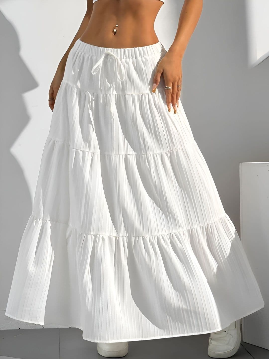 ZELZIS Women Cotton Cambric Summer Checks Maxi Tiered Skirt - view 1