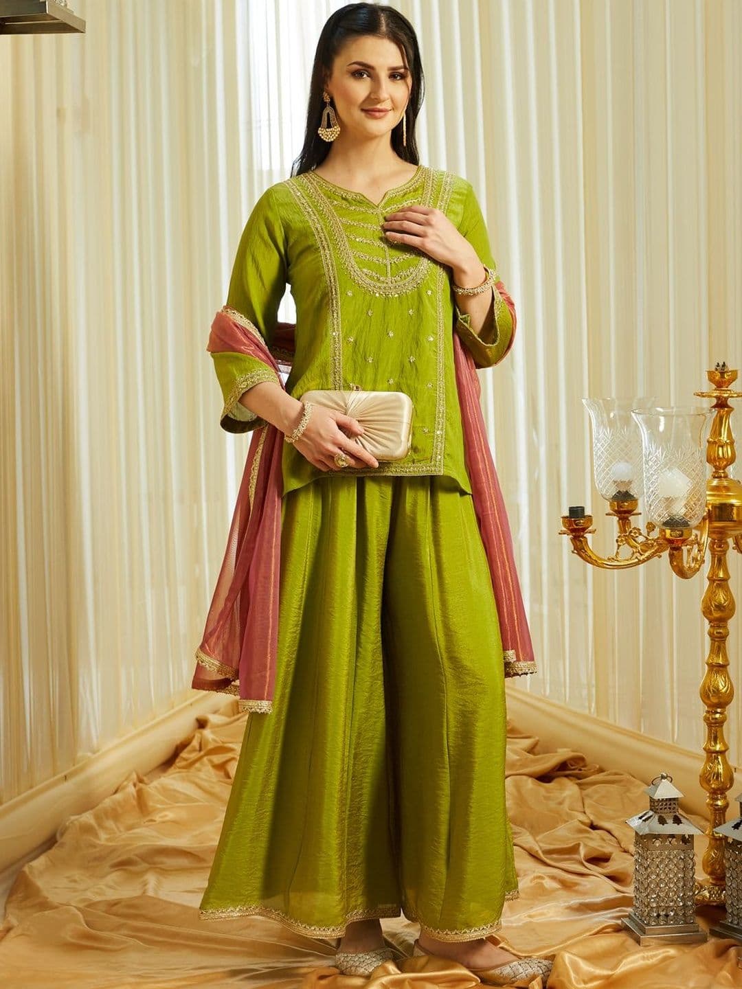 Colors of Earth Colors of Earth Silk Embroidered Kurti And Sharara With Dupatta Set - view 1