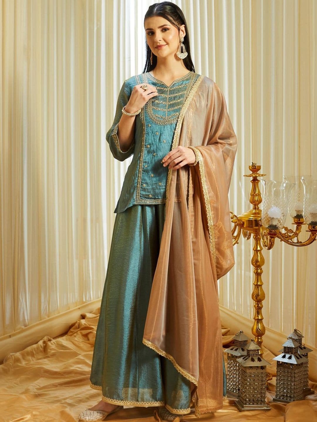 Colors of Earth Colors of Earth Silk Embroidered Kurti And Sharara With Dupatta Set - view 1