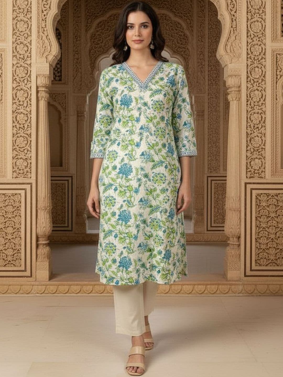 Sangria Printed Cotton V-Neck Calf Length Straight Kurta - view 1