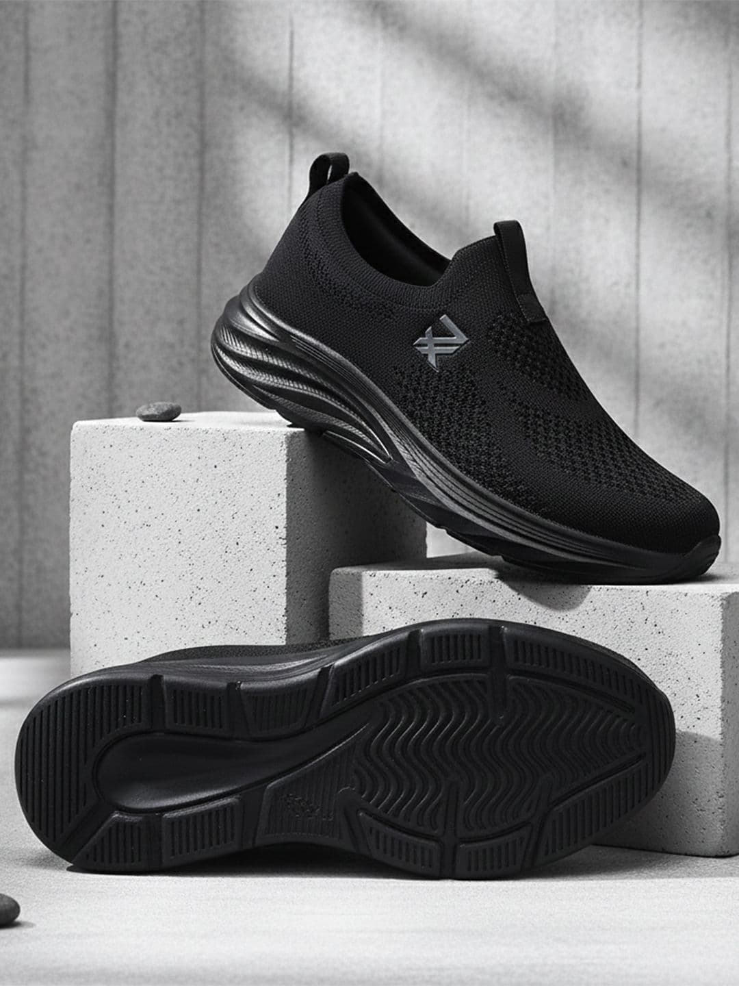 Liberty LEAP7X Men Black & Dark Grey Memory Foam Knit-Mesh Slip-On Walking Shoes - view 1