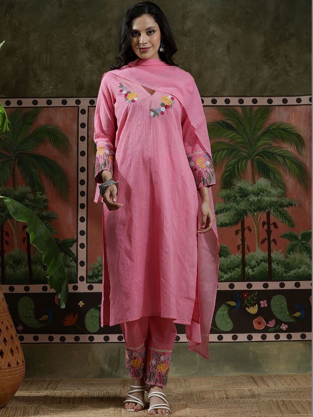 Sangria Embroidered Pure Cotton V-Neck Kurta & Trousers Kurta Sets - view 1