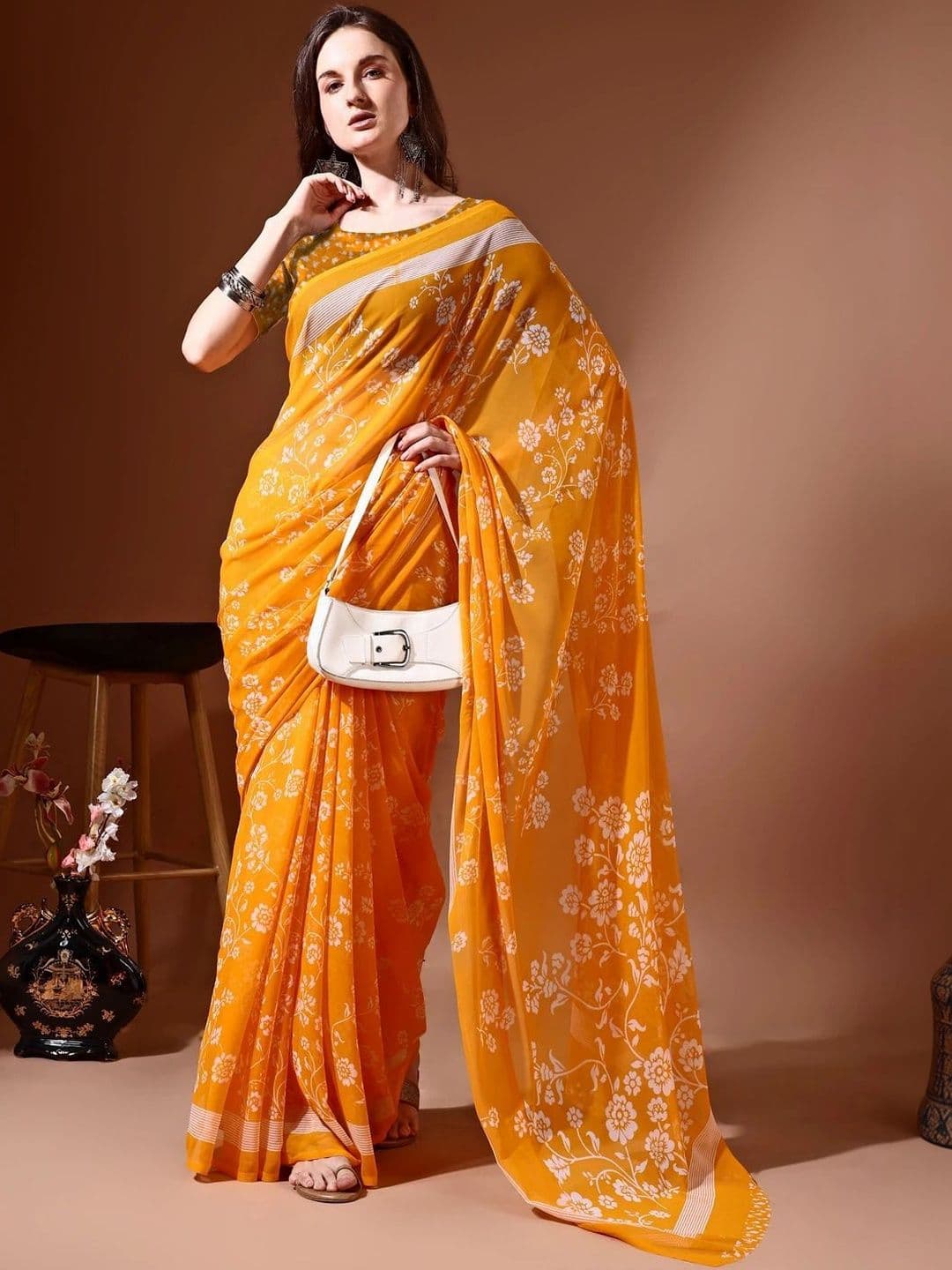 SZN Floral Poly Chiffon Saree - view 1