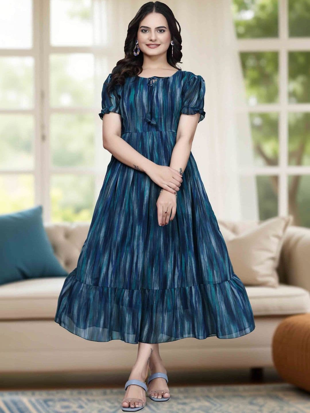 QENA Print Puff Sleeve Georgette Fit & Flare Midi Dress - view 1
