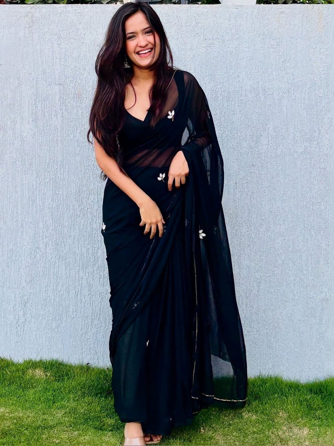 Jinal & Jinal Embellished Embroidered Pure Chiffon Saree - view 1