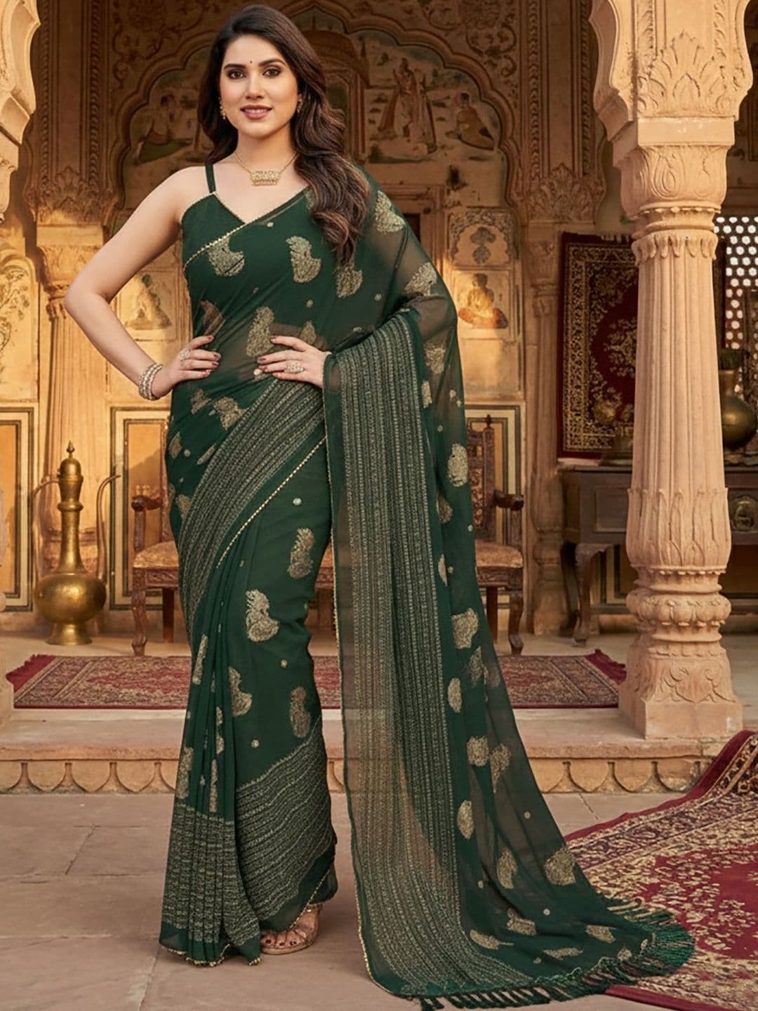 KALINI Paisley Zari Poly Georgette Designer Block Print Saree - view 1