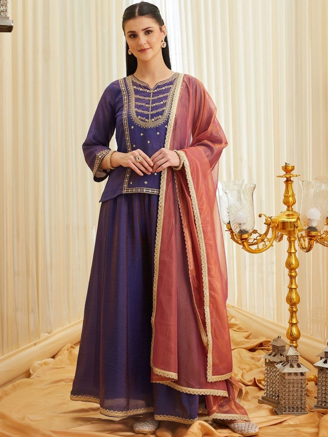 Colors of Earth Colors of Earth Silk Embroidered Kurti And Sharara With Dupatta Set - view 1