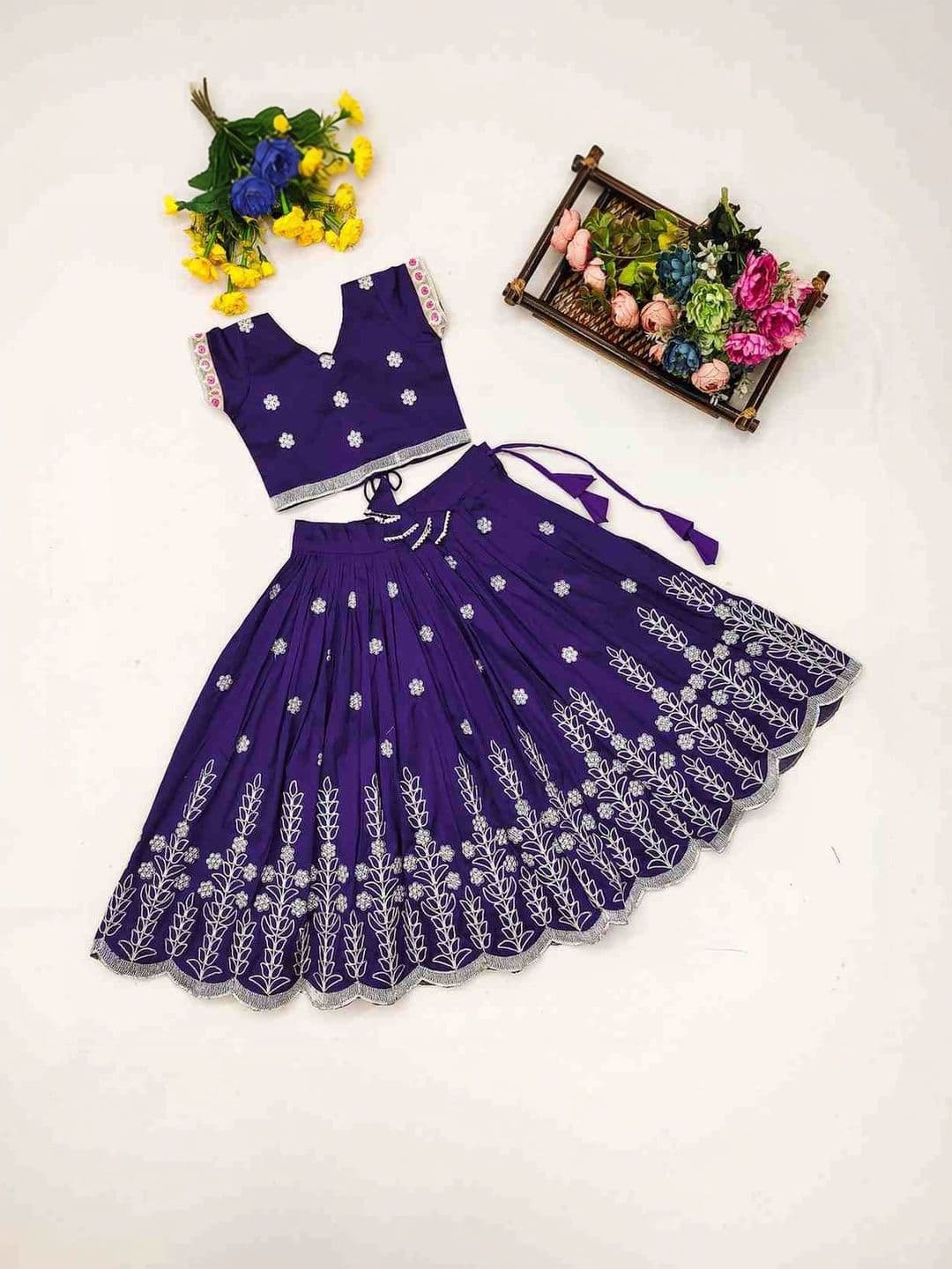 RJ ONLINE Girls Embroidered Thread Work Tie and Dye Ready to Wear Lehenga & - view 1