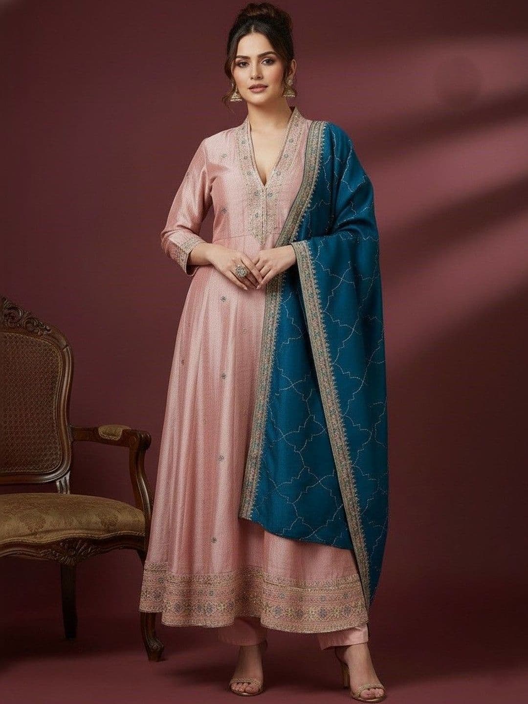 krisha fashion Women Ethnic Motifs Embroidered Panelled Kurta with Trousers & With Dupatta - view 1