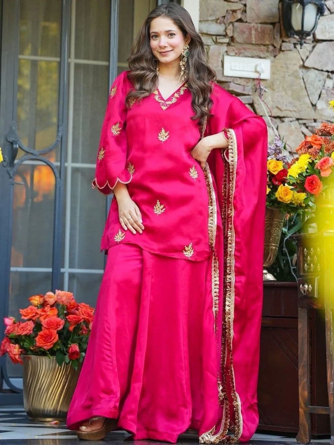 CaniBani Women Ethnic Motifs Embroidered Regular Thread Work Kurta with Palazzos & With Dupatta - view 1