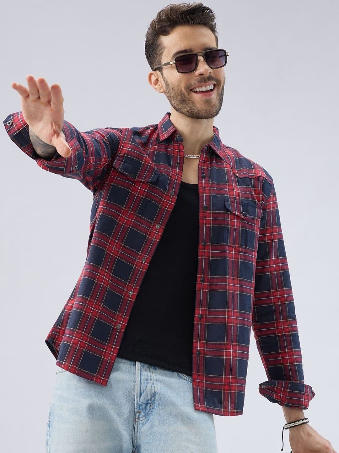 VASTRADO Majestic Red & Navy Tartan Checkered Twin Pocket Shirt - view 1