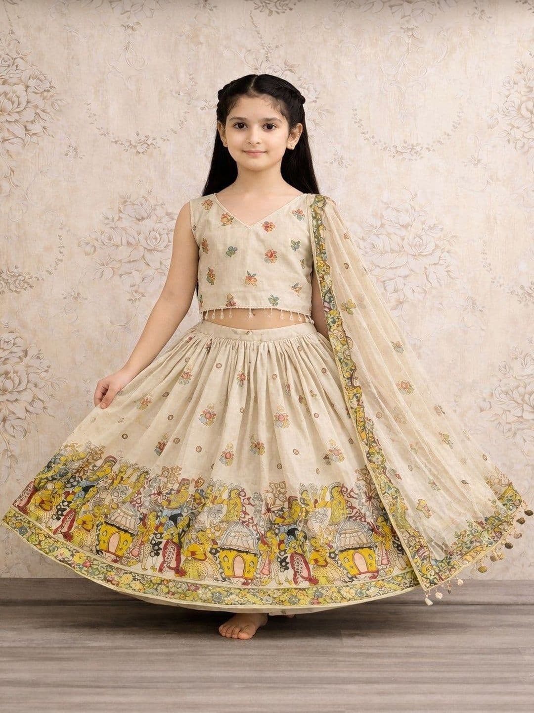 Helene Girls Printed Kalamkari Semi-Stitched Lehenga & Blouse With Dupatta - view 1