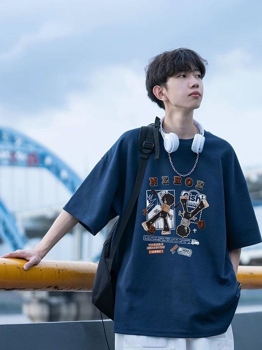 ANDREW HILL Navy Blue Graphic Printed Oversized T-shirt - view 1
