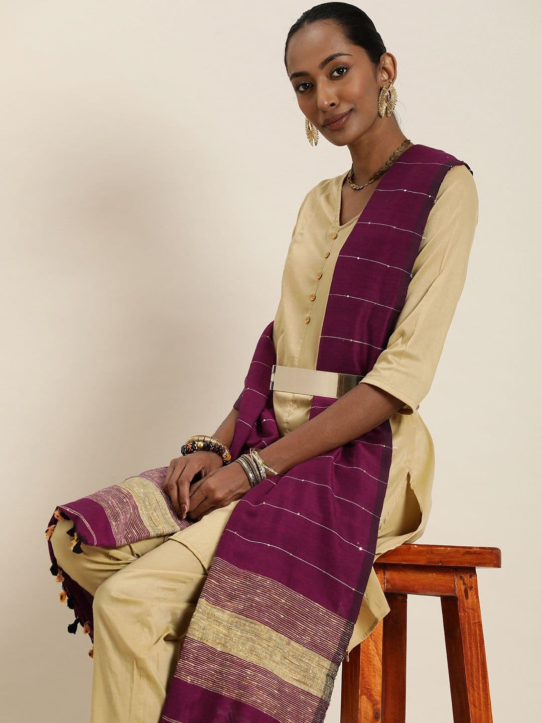 Taavi Striped Handloom Dupatta with Sequinned - view 1