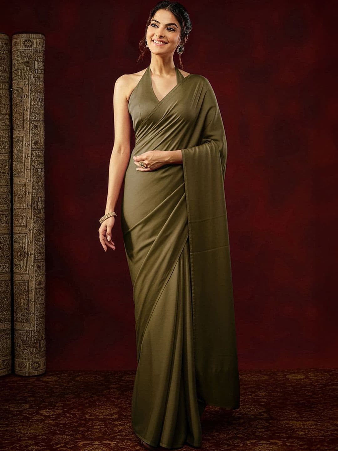 Janasya Olive Satin Ready To Wear Saree with Unstitched Blouse - view 1