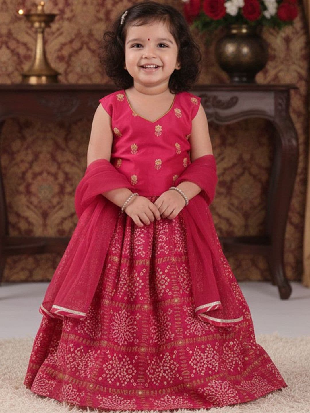 Sangria Girls Embroidered Cotton V-Neck Flared Lehenga With Choli & Dupatta - view 1