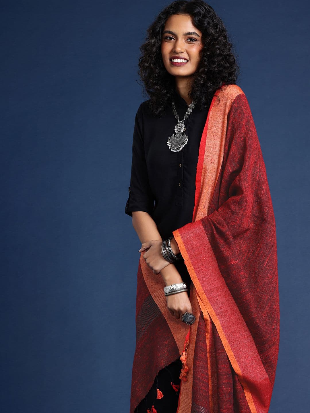 Taavi Woven Design Tasselled Cotton Blend Dupatta - view 1