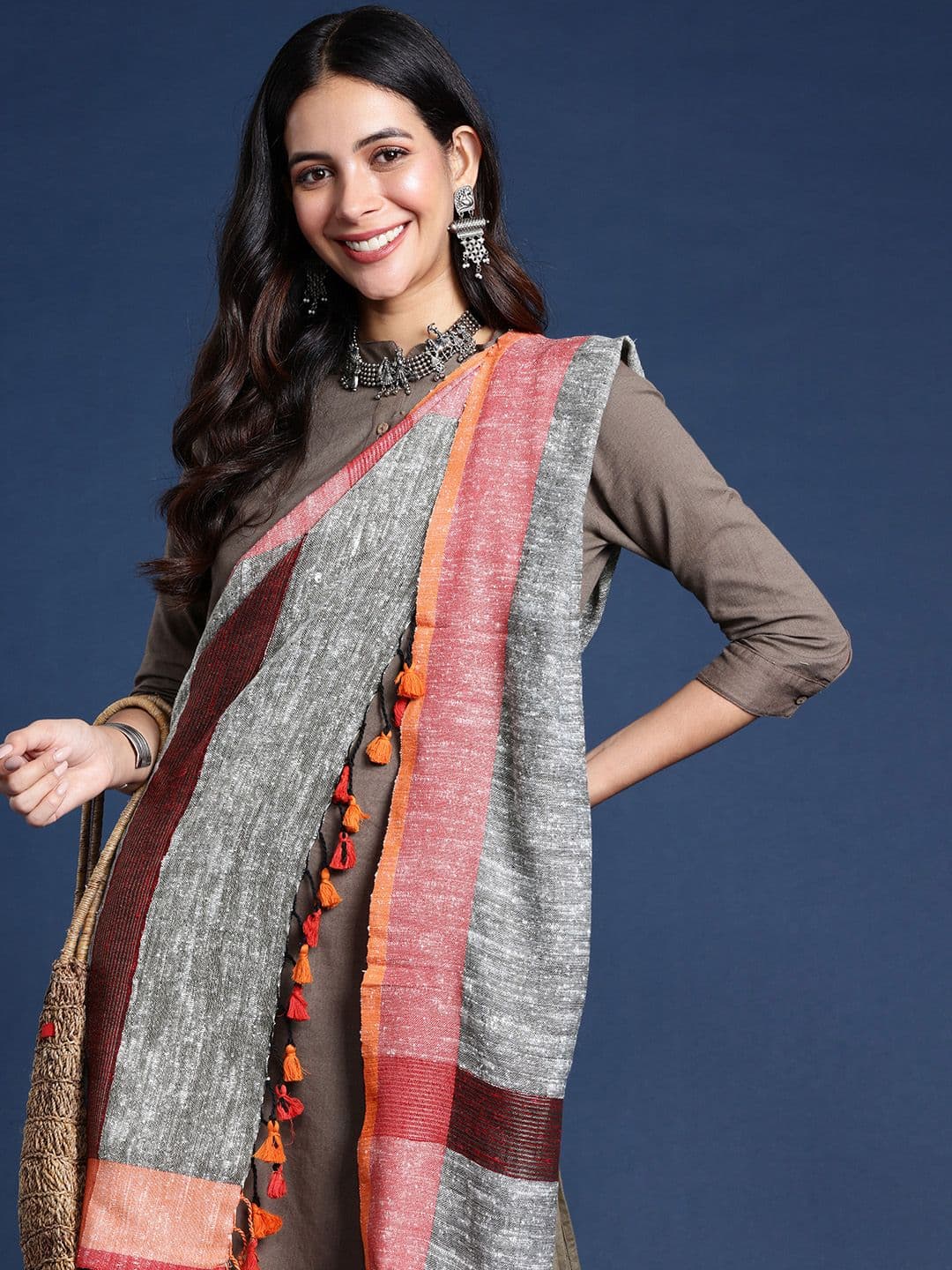 Taavi Woven Design Tasselled Cotton Blend Dupatta - view 1