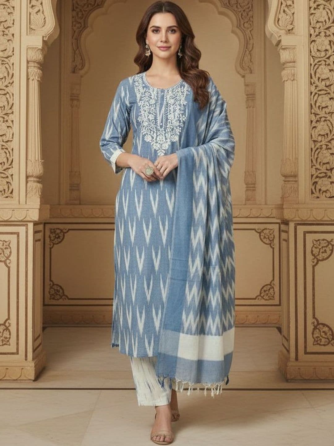 House of Pataudi Embroidered Round Neck Kurta & Trousers With Dupatta - view 1