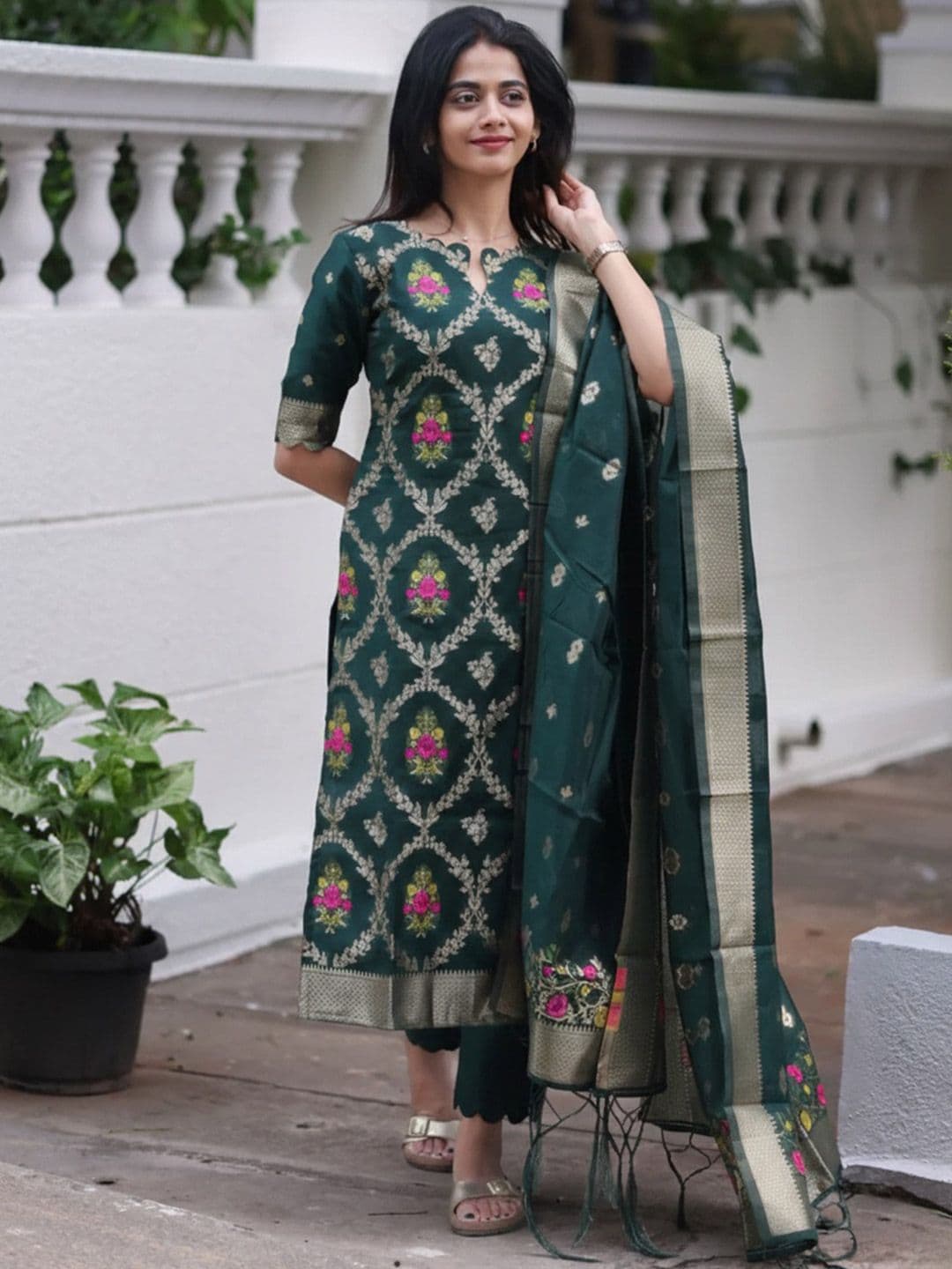 SILK BLISS Women Ethnic Motifs Regular Pure Cotton Kurta with Trousers & With Dupatta - view 1