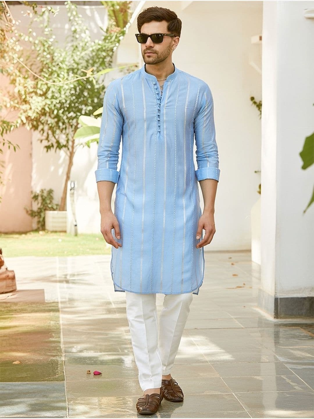 See Designs Striped Mandarin Collar Sequinned Cotton Kurta - view 1