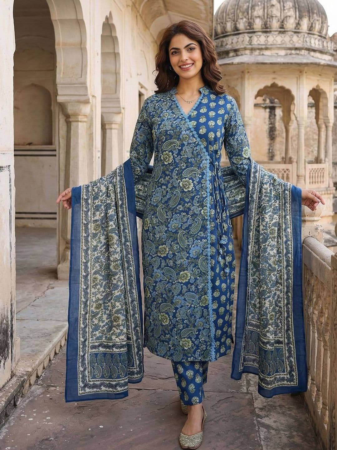 Anouk Women Ethnic Motifs Printed Angrakha Pure Cotton Kurta with Trousers & With Dupatta - view 1