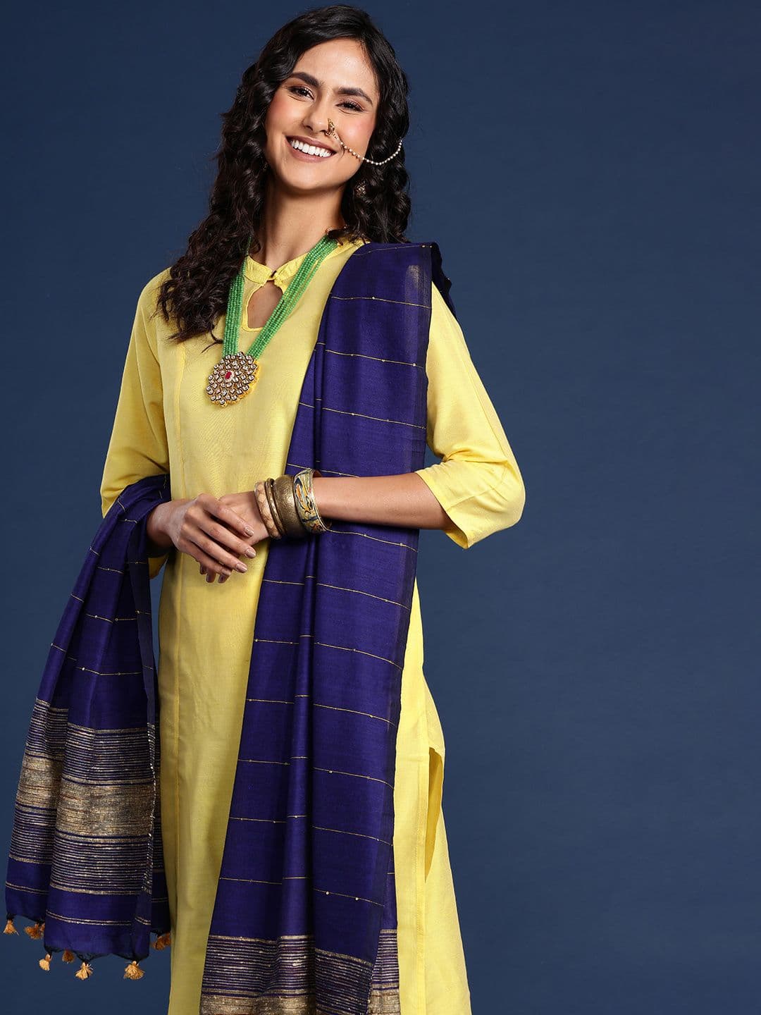 Taavi Striped Cotton Dupatta with Sequinned Details - view 1
