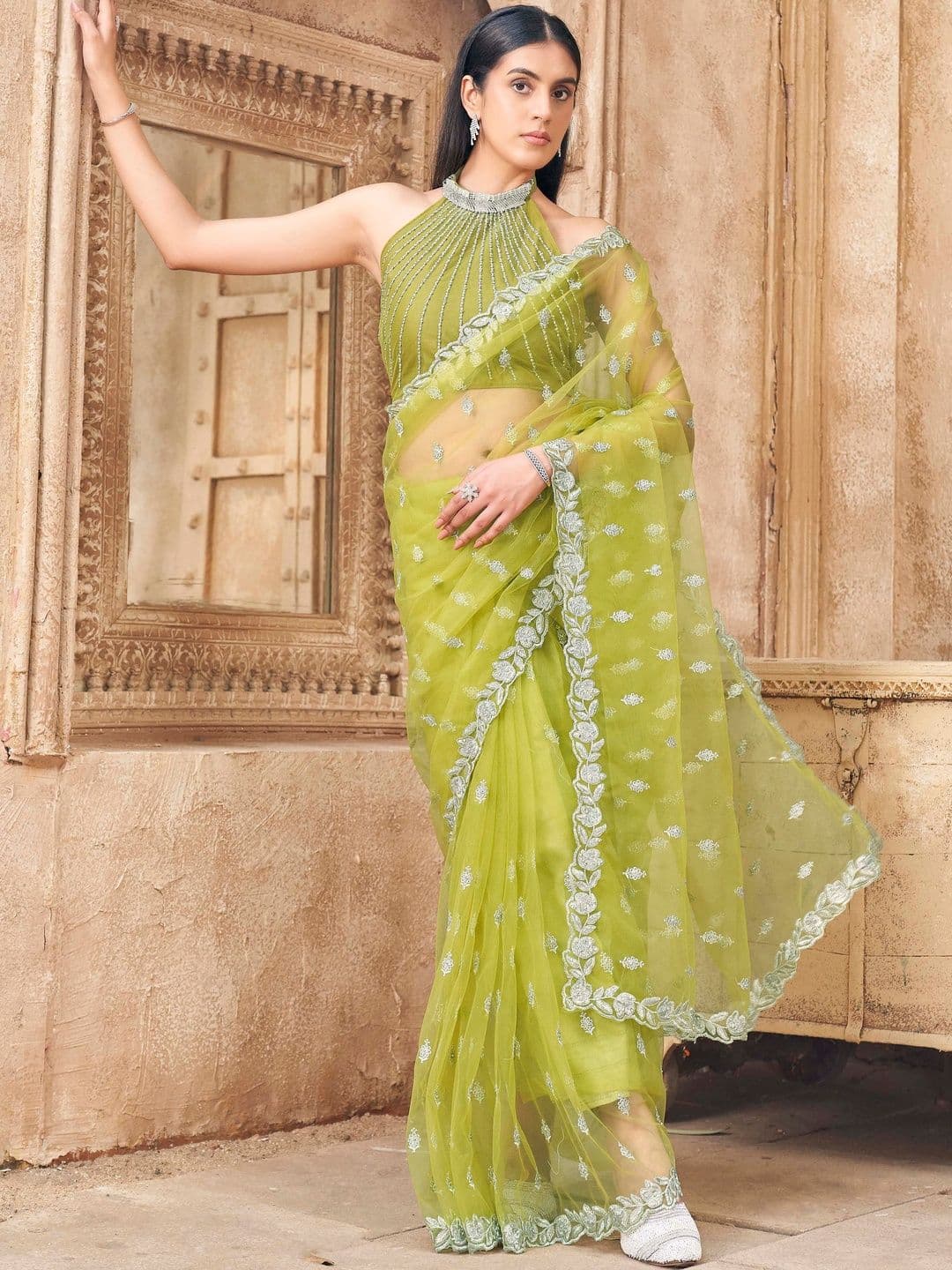 Tikhi Imli Embellished Beads and Stones Net Heavy Work Saree - view 1