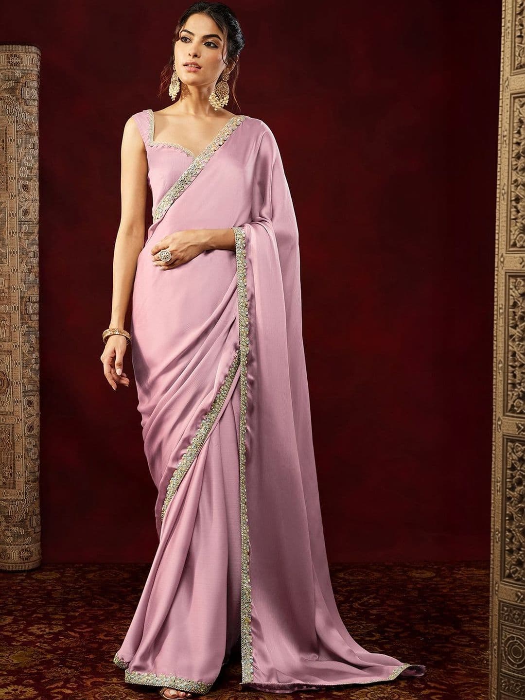 Janasya Women's Pink Silk Blend Ready To Wear Embellished Saree with Unstitched Blouse - view 1