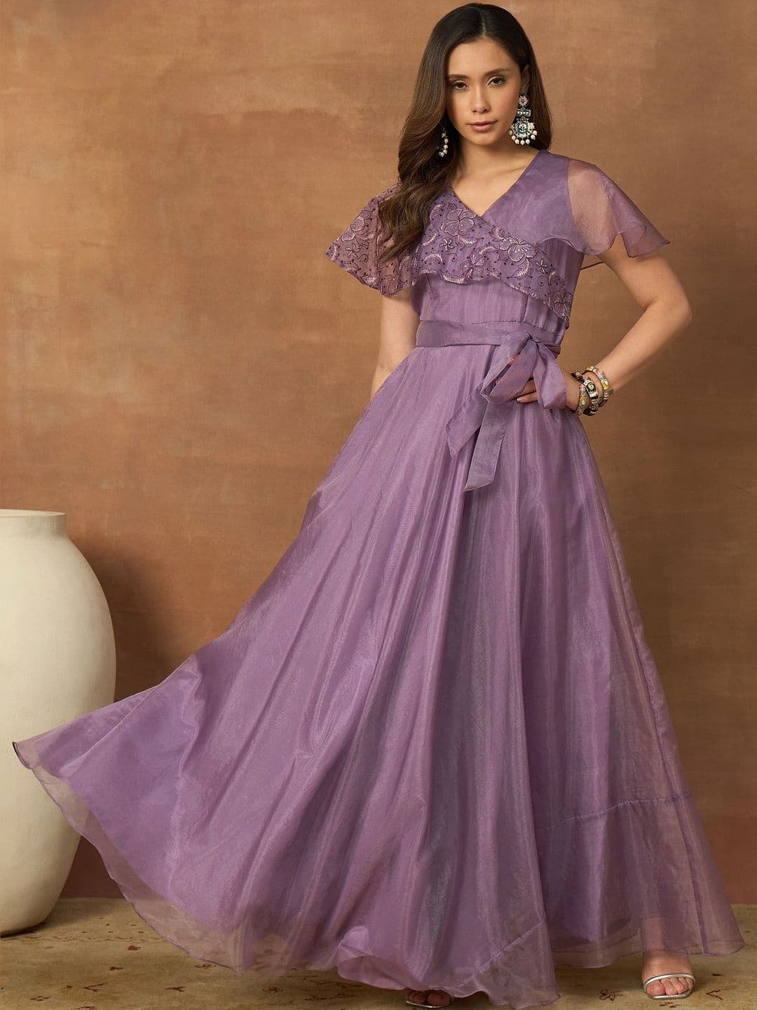 Inddus Embroidered V-Neck Gown Dresses - view 1