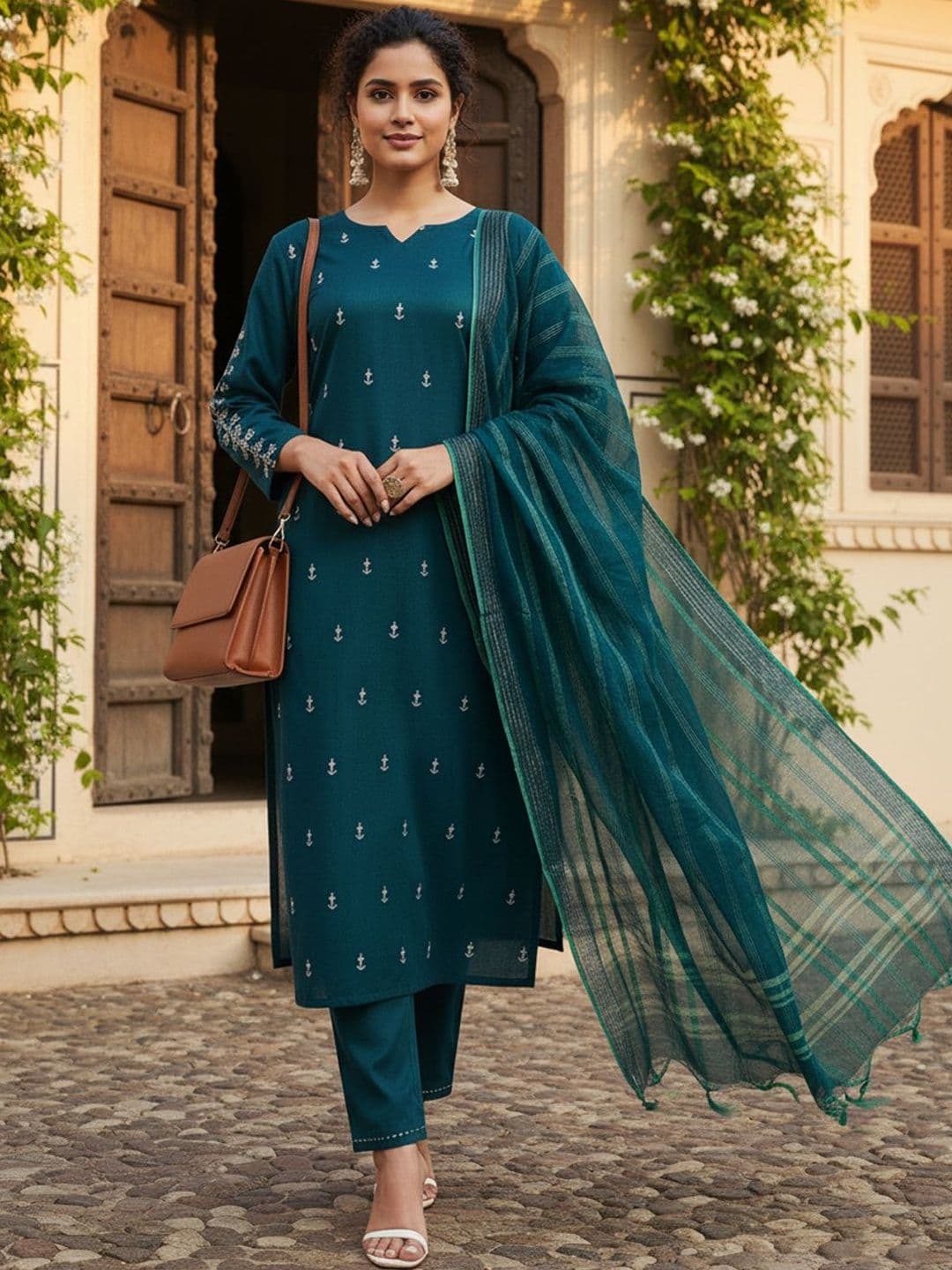 ARADHNA Women Ethnic Motifs Embroidered Regular Thread Work Kurta with Trousers & With Dupatta - view 1