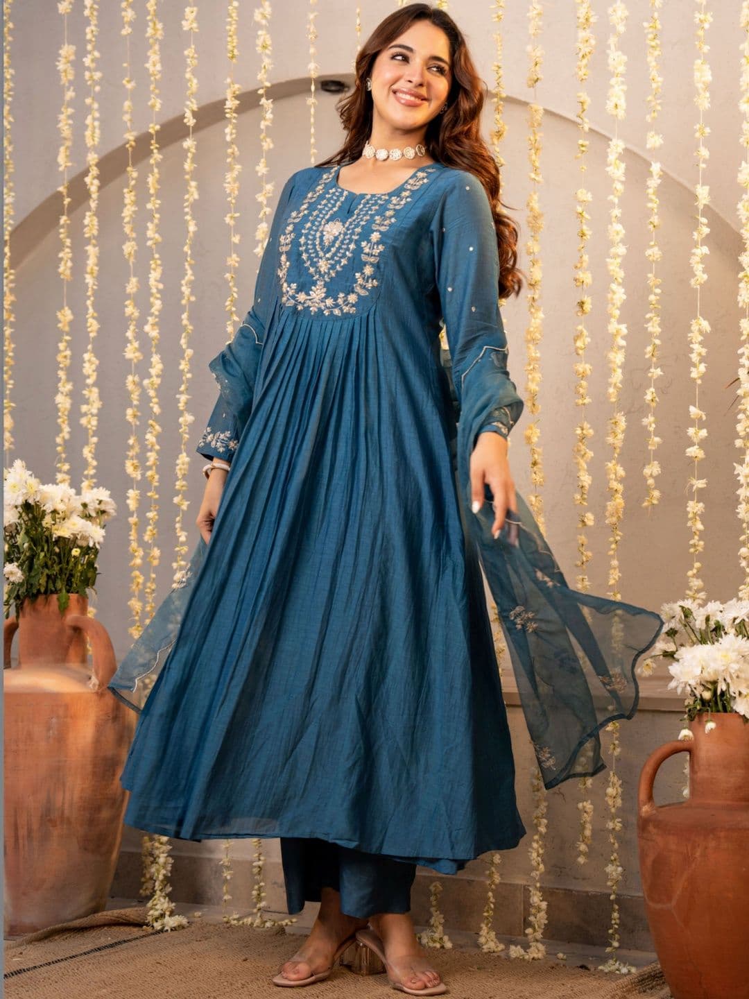 HERE&NOW Women Ethnic Motifs Embroidered Panelled Thread Work Kurta with Trousers & With Dupatta - view 1
