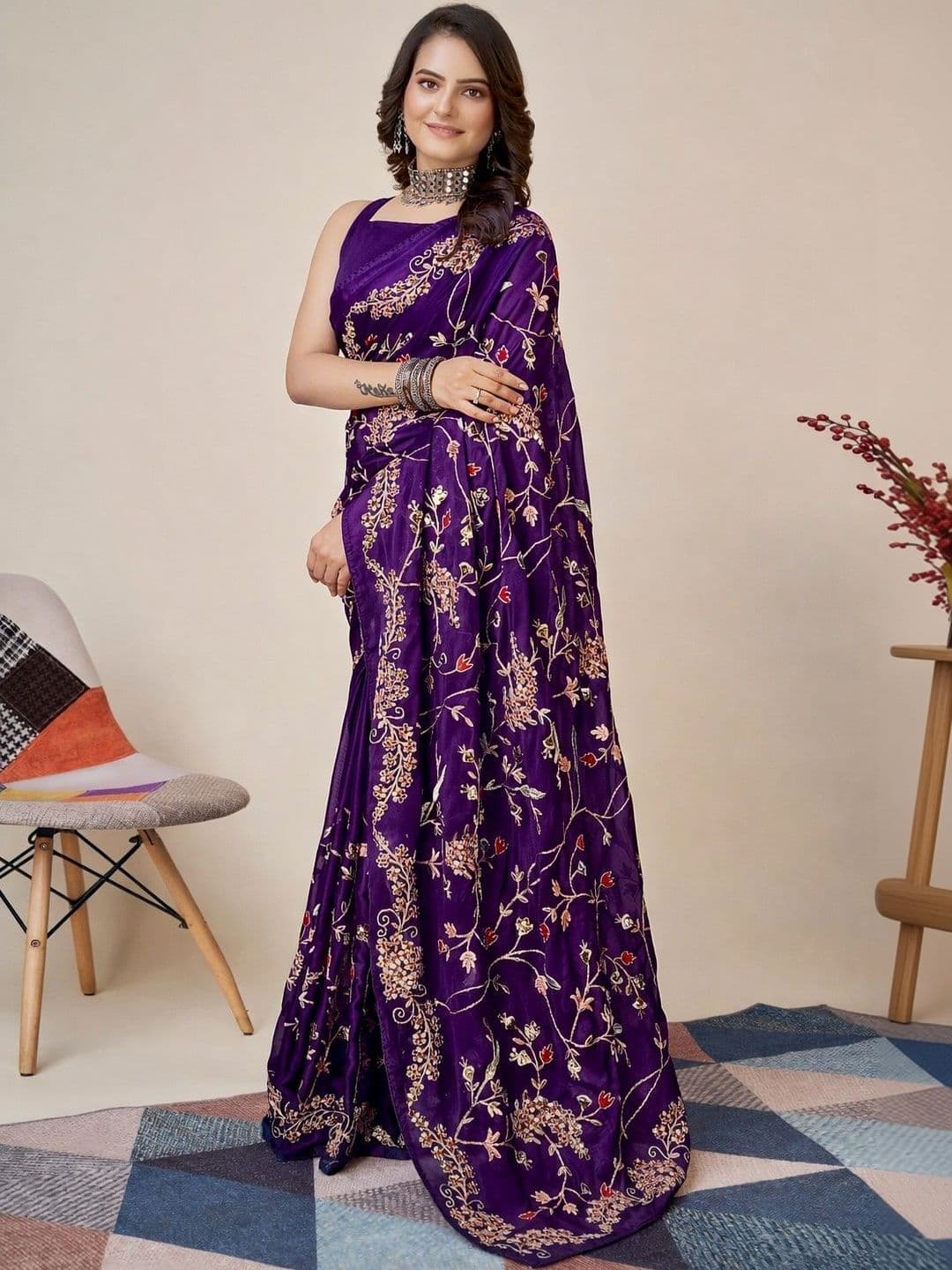 HERE&NOW Floral Embroidered Heavy Work Saree - view 1