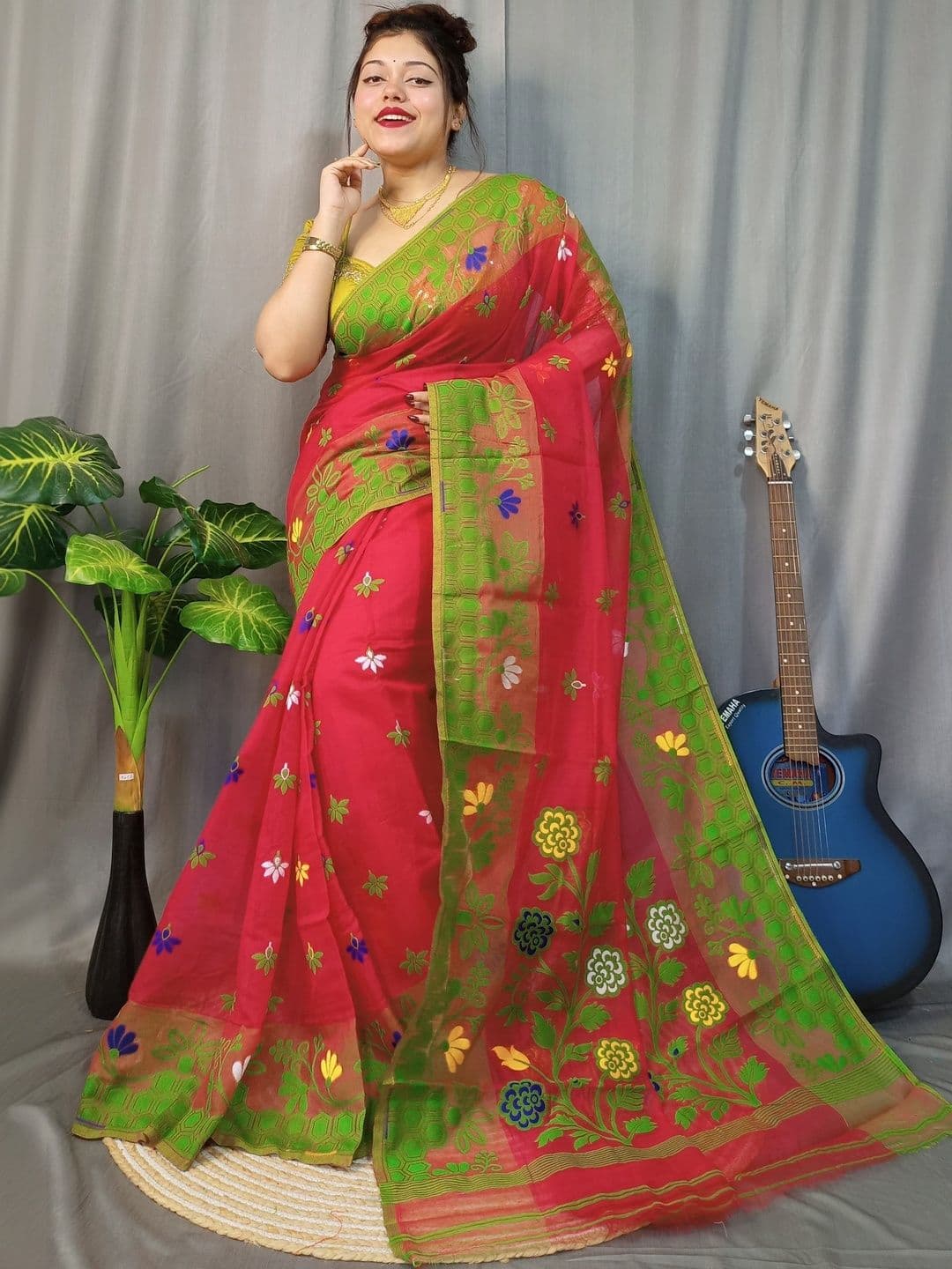 Rnn Saree Floral Embroidered Silk Cotton Handloom Jamdani Sarees - view 1