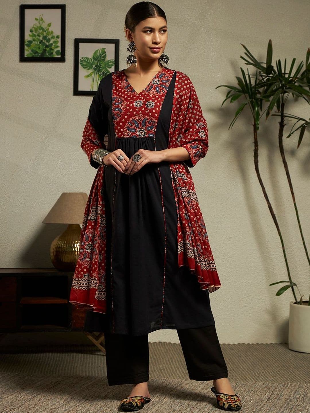 SINGNI Women Ethnic Motifs Printed Angrakha Pure Cotton Kurta with Trousers & With Dupatta - view 1