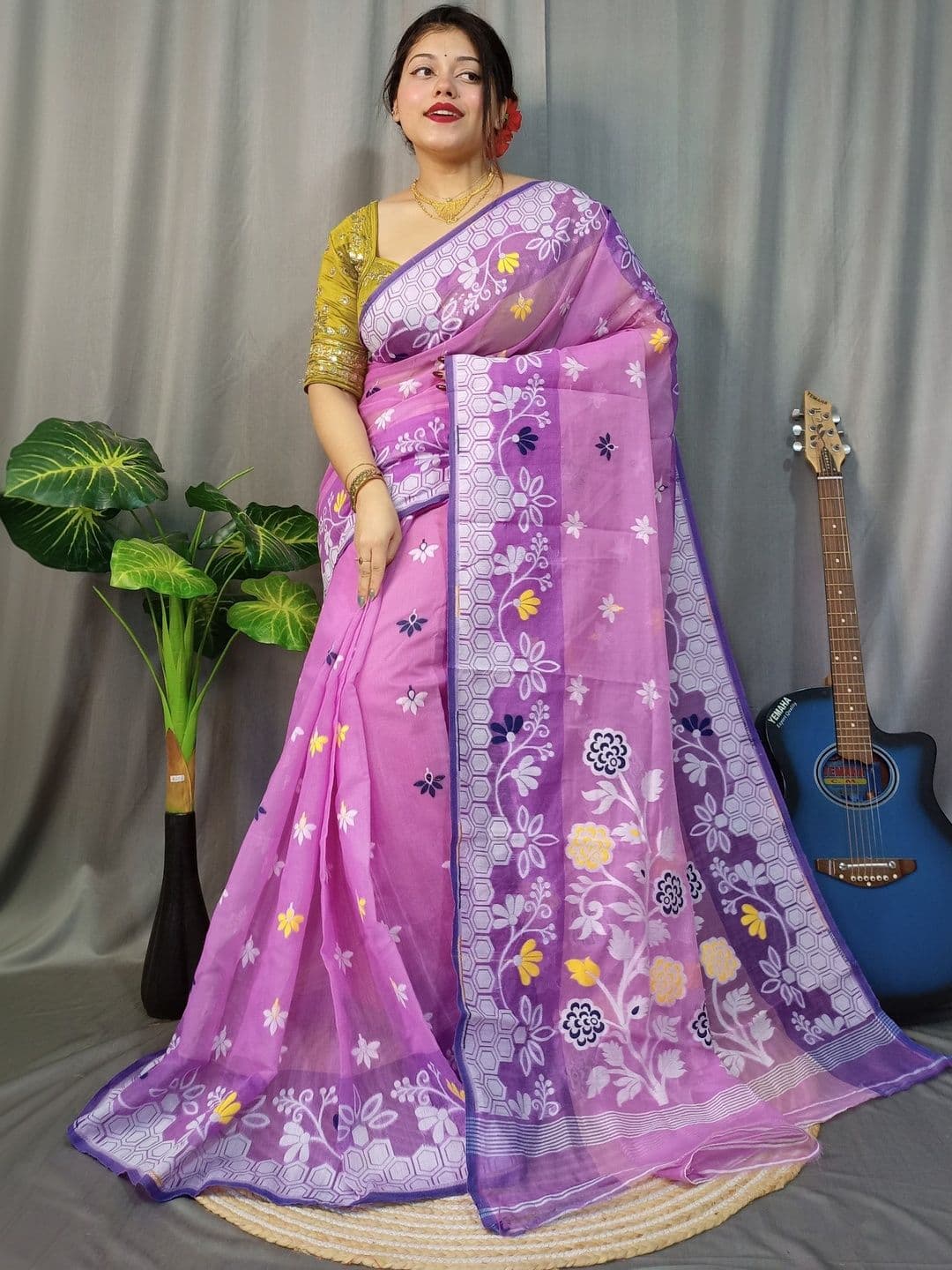Rnn Saree Floral Embroidered Silk Cotton Handloom Jamdani Sarees - view 1