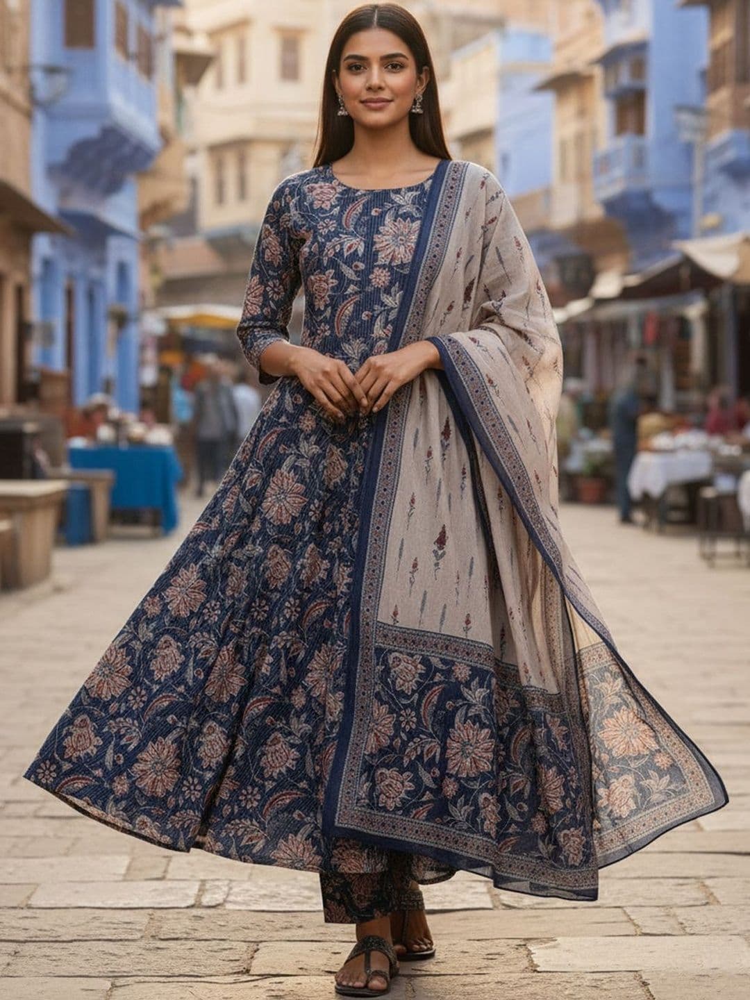 ARADHNA Women Floral Printed Panelled Kurta with Trousers & With Dupatta - view 1