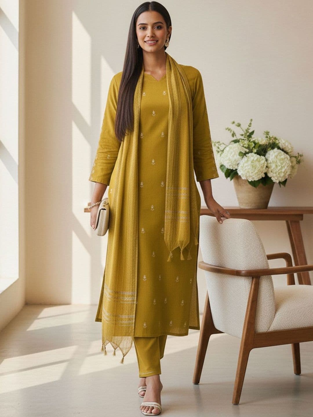 ARADHNA Women Embroidered Regular Kurta with Trousers & With Dupatta - view 1