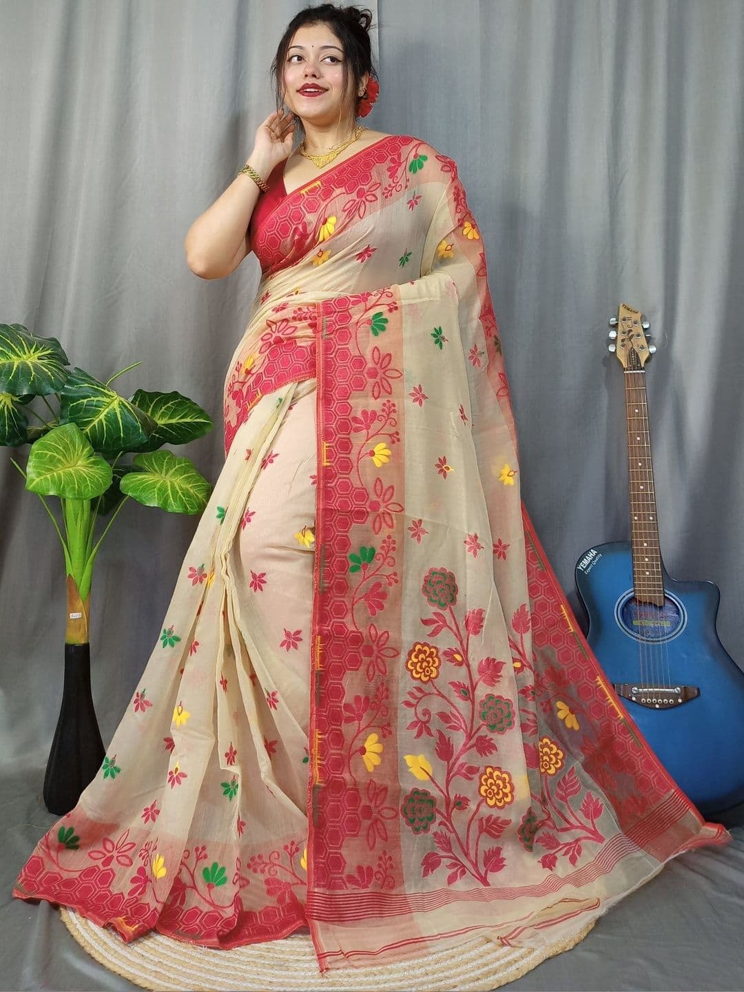 Rnn Saree Floral Embroidered Silk Cotton Handloom Jamdani Sarees - view 1
