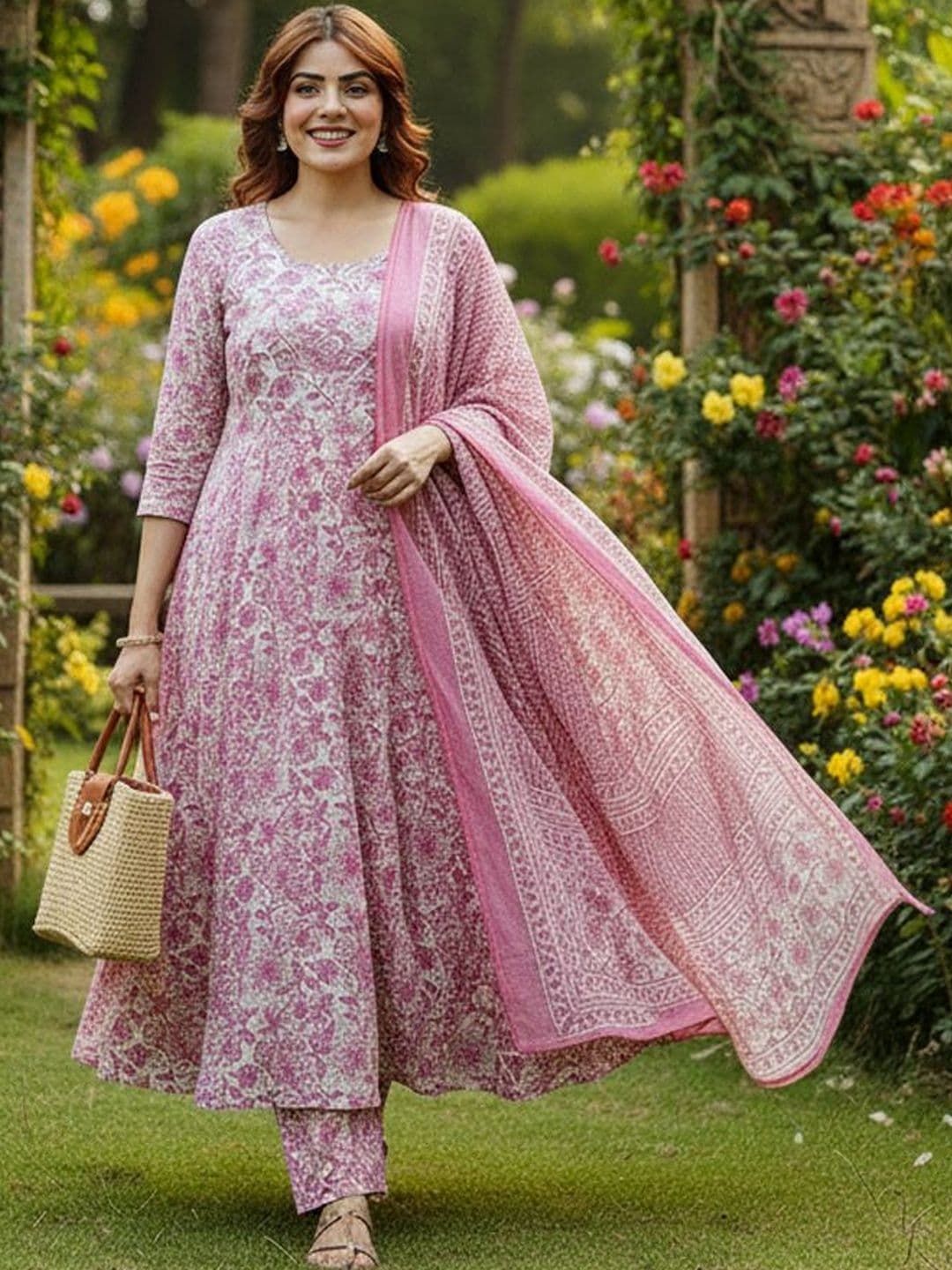 ARADHNA Women Floral Printed Panelled Kurta with Trousers & With Dupatta - view 1