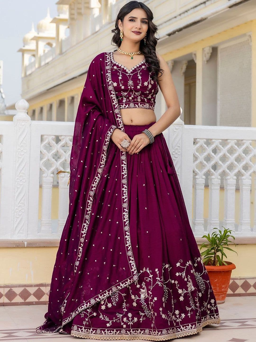 Trendmalls Embroidered Thread Work Semi-Stitched Lehenga & Blouse With Dupatta - view 1