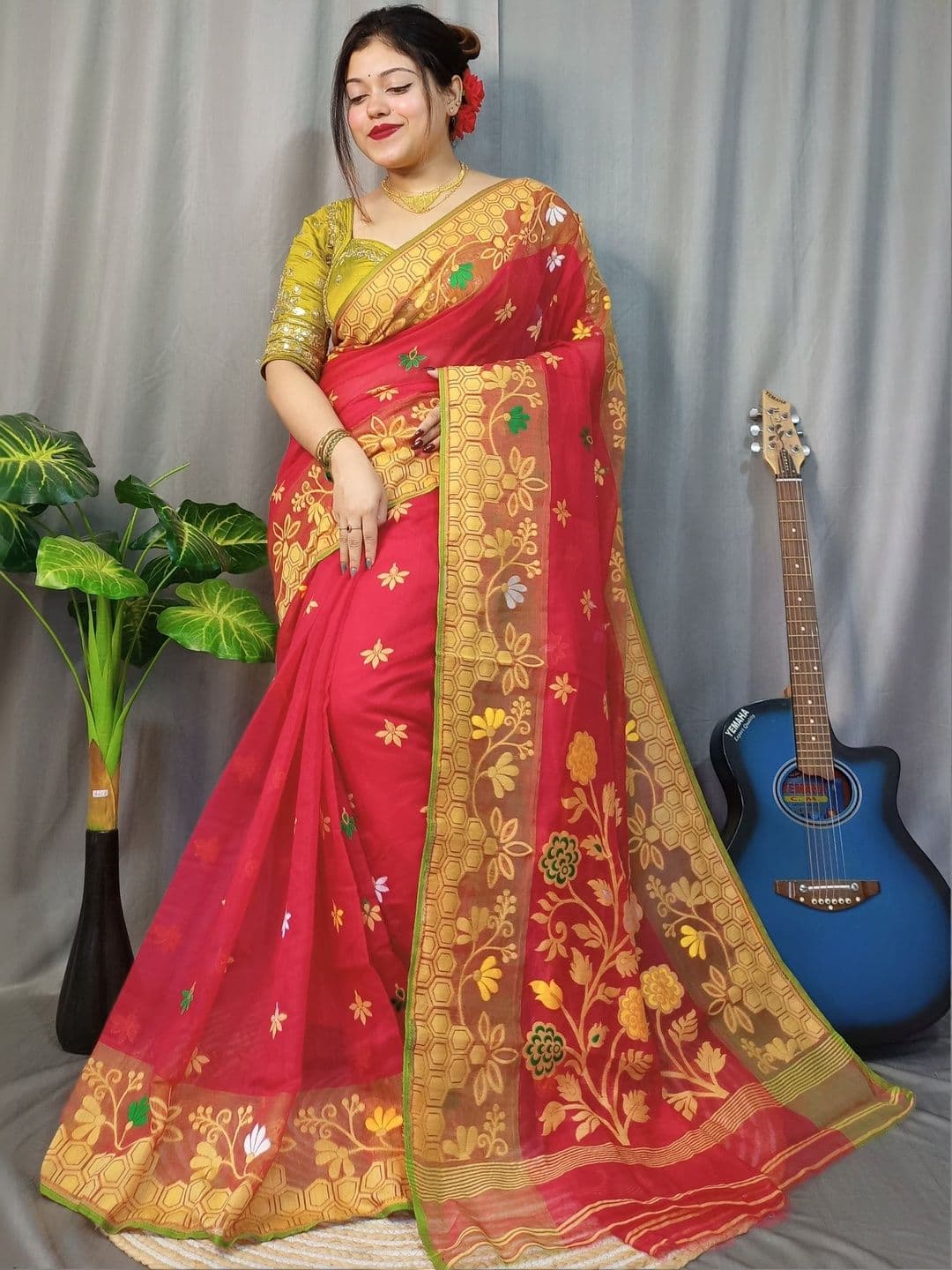Rnn Saree Floral Embroidered Silk Cotton Handloom Jamdani Sarees - view 1